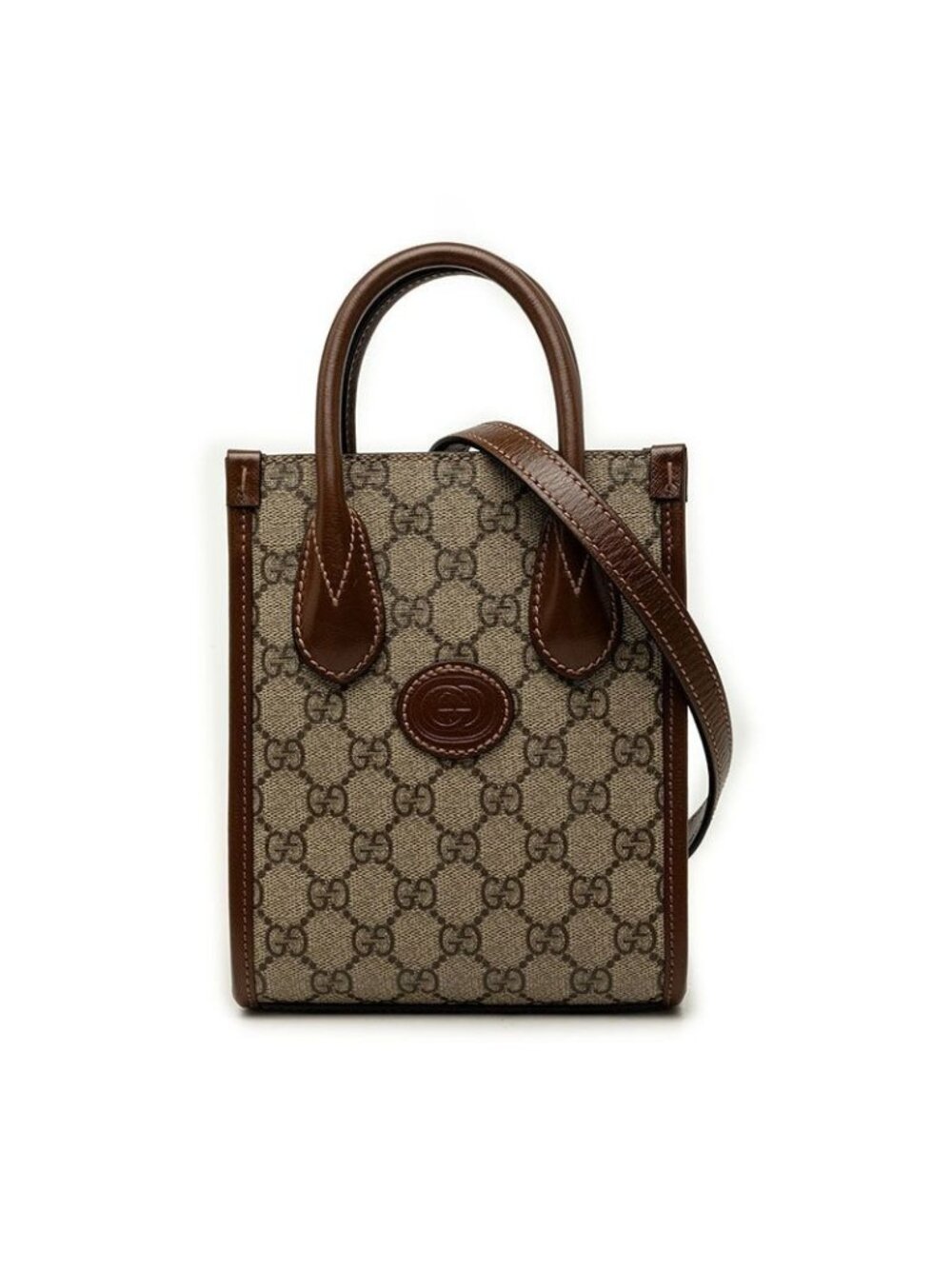 Gucci GG Supreme Interlocking G 2-Way Shoulder Bag Beige Brown Leather